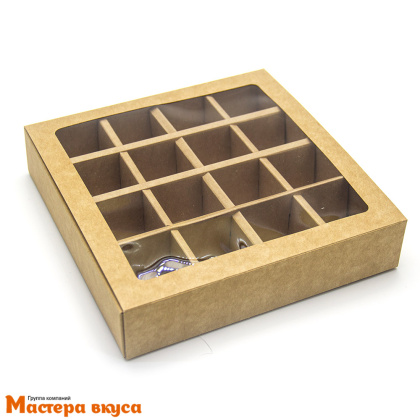 Упаковка для конфет 16 шт с обечайкой с окном 177*177*38мм (крафт)