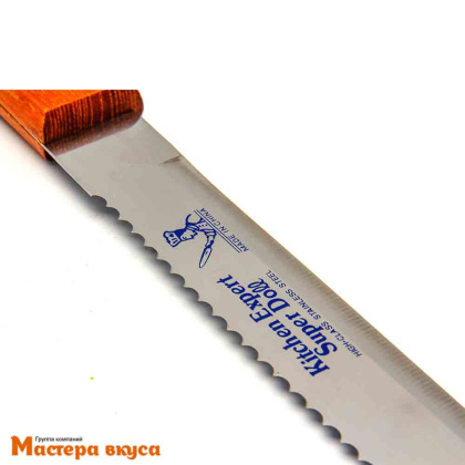 Нож пекарский двусторонний, 25 см (широкие зубцы и ровный край), с деревянной ручкой (нерж.сталь)