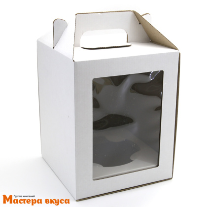 Коробка под кулич и пряничный домик с окном и ручкой, 16*16*20 см (белый) бок загр с лож (2-д)