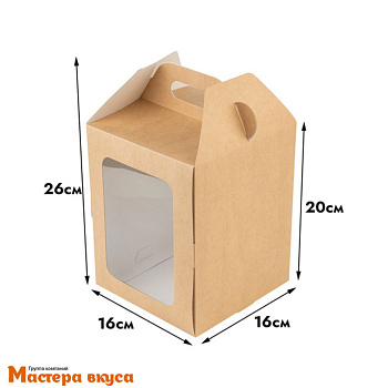 Коробка под кулич и пряничный домик с окном и ручкой, 16*16*20 см (крафт) боковая загрузка, без ложемента