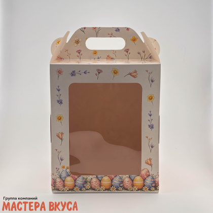 Коробка под кулич и пряничный домик с окном и ручкой, 15*15*18 см, "Кролик в корзинке"