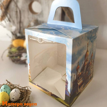 Коробка под кулич и пряничный домик с окном и ручкой, 15*15*18 см (Русский Храм)