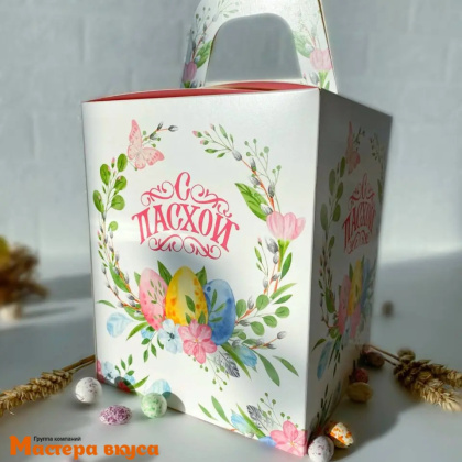 Коробка под кулич и пряничный домик без окна с ручкой 15*15*18 см (Пасхальный венок)