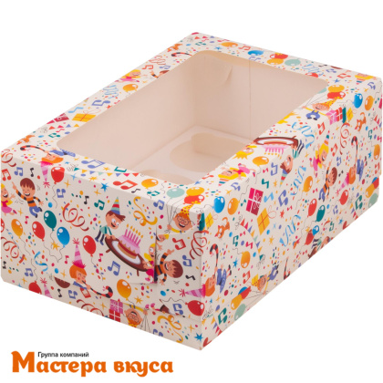 Коробка для  6 капкейков с окном, 235*160*100 мм (Детский праздник) прямоугольное окно, (2-д)