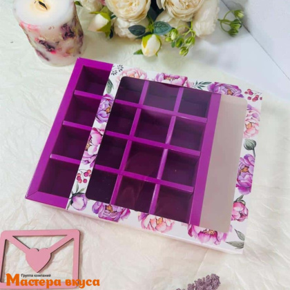 Упаковка для конфет 16 шт с обечайкой с окном 177*177*38мм  (Фиолетовое настроение)