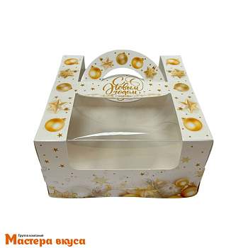 Упаковка для бенто-торта с окном и ручками, 140*140*80 мм  НГ (Новогодние мечты)