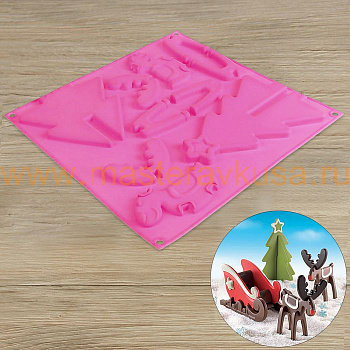 Форма для шоколада силиконовая  (НГ) ЕЛКА и ОЛЕНИ (сборная фигура 3D), 30*30*1 см