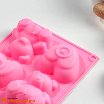 Форма силиконовая МИШКА И СЕРДЦЕ, (4 ячейки) 17*15 см
