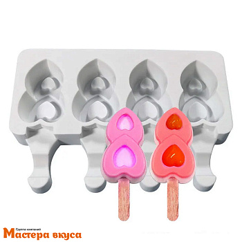 Форма для мороженого силиконовая (эскимо) ДВОЙНОЕ СЕРДЦЕ, (4 ячейки) 6,2*4 см
