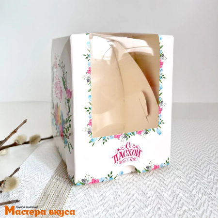 Коробка для  1 капкейка и кулича с панорамным окном, 125*95*95 мм, "Пасхальный венок"