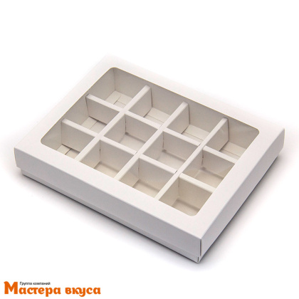 Упаковка для конфет 12 шт с окном (крышка/дно) 190*150*36мм (белая)