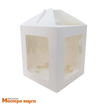 Коробка под кулич и пряничный домик с окном и ручкой, 16*16*18 см (белая) 500 гр с угловой загрузкой и с ложементом