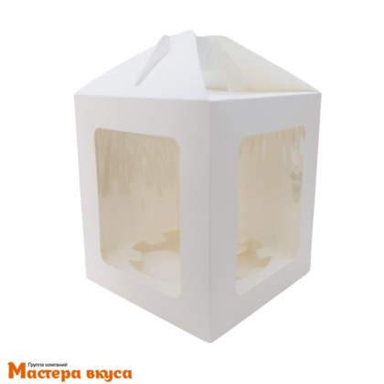 Коробка под кулич и пряничный домик с окном и ручкой, 16*16*18 см (белая) 500 гр с угловой загрузкой и с ложементом