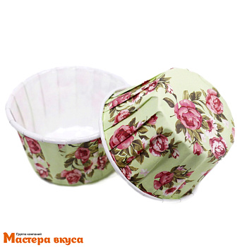 Форма бумажная Маффин 50*40 мм, ламинированная ЗЕЛЕНАЯ С РОЗАМИ