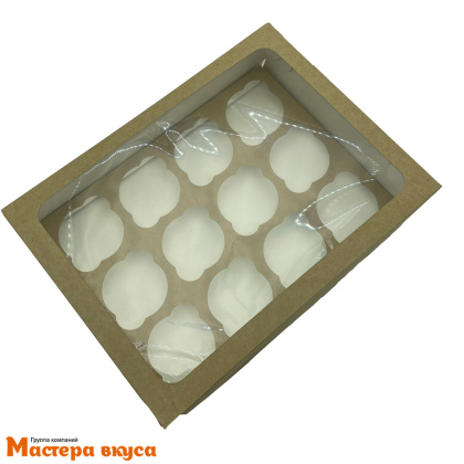 Коробка для 12 капкейков с окном, 350*250*100 мм (крафт), СТАНДАРТ