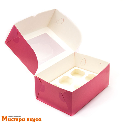 Коробка для  6 капкейков с окном, 250*170*100 мм,  (розовая)