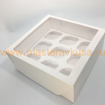 Коробка для  9 капкейков с окном, 250*250*100 мм  (белая), ECO MUF 9 WHITE