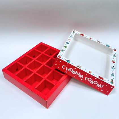Упаковка для конфет 16 шт с обечайкой с окном 177*177*38мм  НГ (Новогодний переполох)
