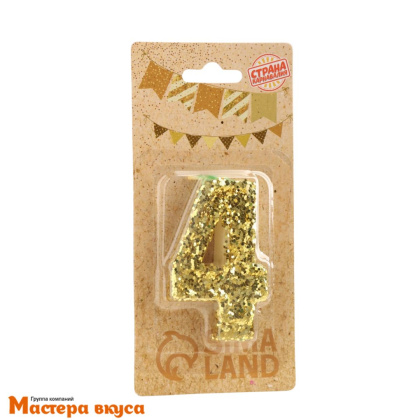 Свеча-цифра "Блестки", золото - 4  (h-6,5 см)