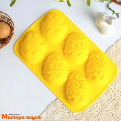 Форма силиконовая ЯЙЦА -ЗАЙЦЫ И ЦЫПЛЯТА, (6 ячеек), 17,1*26*2,7 см