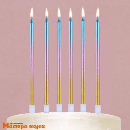 Свечи высокие Градиент голубой-розовый-золотой "Make a wish", (набор 6 шт), h-18 см