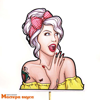 Топпер пластиковый БЛОНДИНКА с красным бантом, поп-арт, ~9,5*12 см 