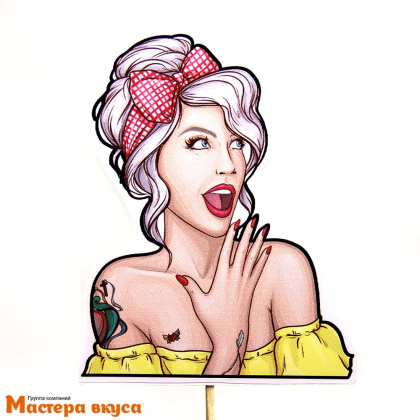 Топпер пластиковый БЛОНДИНКА с красным бантом, поп-арт, ~9,5*12 см 