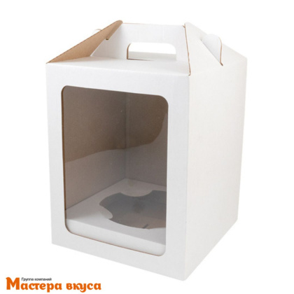 Коробка под кулич и пряничный домик с окном и ручкой, 16*16*20 см (белый) с ложементом, верхняя загрузка