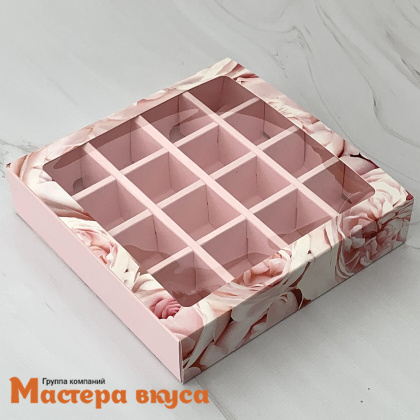 Упаковка для конфет 16 шт с обечайкой с окном 177*177*38мм  (Розовые пионы)