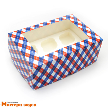 Коробка для  6 капкейков с окном, 250*170*100 мм (клетка красно-синия)