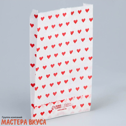 Пакет бумажный 200*110*40 мм, без окна, V-образное дно, (белый) "Сердца"