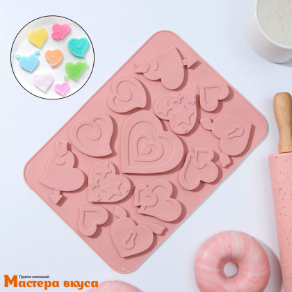 Форма для шоколада силиконовая  АМУРЫ-СЕРДЕЧКИ, (13 ячеек) 23*16*0,5 см