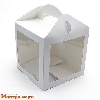 Коробка под кулич и пряничный домик с окнами и ручкой, 18*18*18 см (белая)