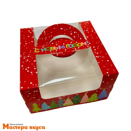 Упаковка для бенто-торта с окном и ручками, 140*140*80 мм  НГ (Новогодний снегопад)