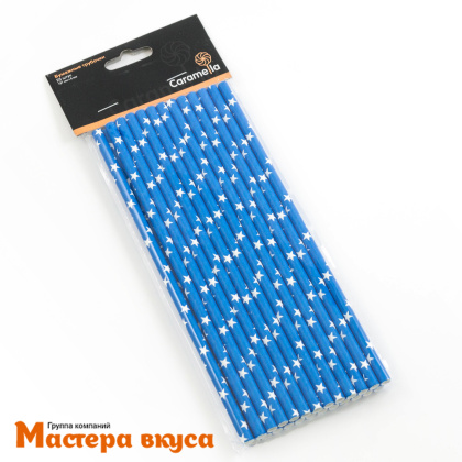Трубочки бумажные, 20 см (упак 25 шт)  синие "Белые звезды"