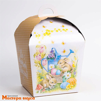 Коробка под кулич и пряничный домик без окна с ручкой 17*17*26 см (Кролики в саду)