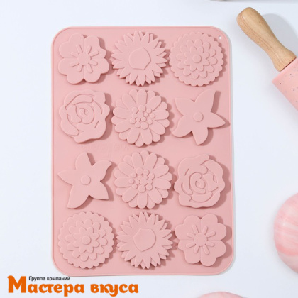 Форма для шоколада силиконовая  ЦВЕТОЧНАЯ ПОЛЯНА, (12 ячеек) 22,5*16,5*0,5 см