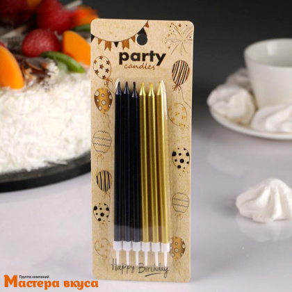 Свечи высокие ЧЕРНЫЙ+ЗОЛОТО, (набор 6 шт), h-13см