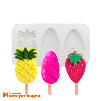 Форма для мороженого силиконовая (эскимо) ФРУКТЫ Dolce , (3 ячейки+палочки) 19,4*10,7*2 см (Италия)
