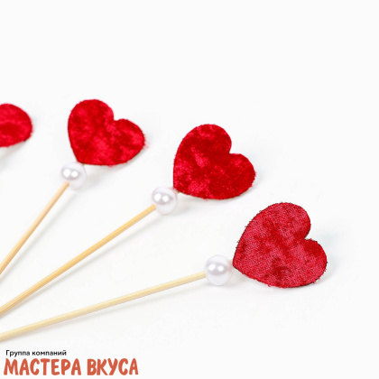 Шпажки "Сердечки красные с жемчужиной", дерево,  (набор 6 шт)