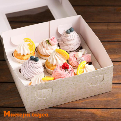 Коробка для  9 капкейков с окном, 250*250*100 мм (Апельсинчики)