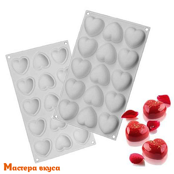 Форма силиконовая, для муссовых десертов СЕРДЦА, (15 ячеек) D~5,5см h~2,5см (29,8*17,3 см)