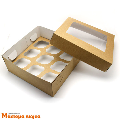 Коробка для  9 капкейков с окном, 250*250*100 мм крышка/дно  (крафт)