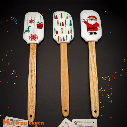 Лопатка силиконовая с деревянной ручкой 26 см, "Новый год"