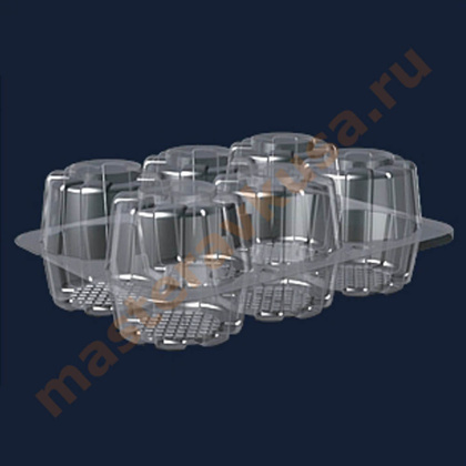 Контейнер прямоугольный Ракушка, 193*140 h67 мм , 6 ячеек D50, h59 мм, для капкейков, К-190 