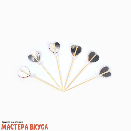 Шпажки "Сердечки красные с жемчужиной", дерево,  (набор 6 шт)