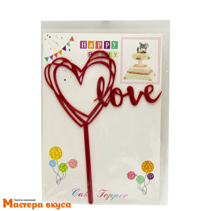 Топпер пластиковый LOVE, красный (сердце), ~8*12 см