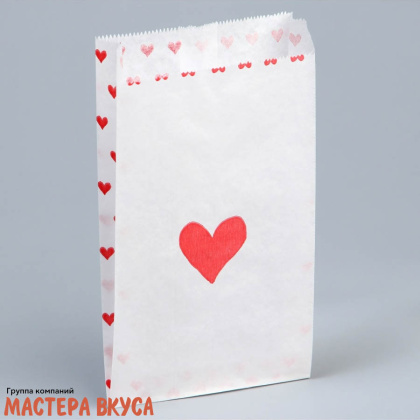 Пакет бумажный 200*110*40 мм, без окна, V-образное дно, (белый) "Сердца"