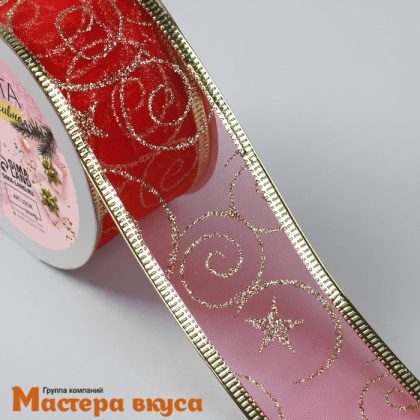 Лента капроновая армированная метал.нитью, ЗОЛОТЫЕ ВЕНЗЕЛЯ на красном, 38мм, ~2,7м