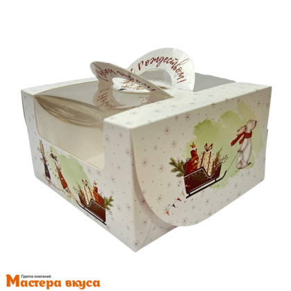 Упаковка для бенто-торта с окном и ручками, 140*140*80 мм  НГ (Новогоднее угощение)